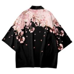 Apparel Pink Sakura Flowers Print Unisex Black Kimono -Kawaii Store kawaiies plushies plush softtoy pink sakura flowers print unisex black kimono new apparel 978129