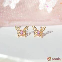 Pink Starry Butterfly Gold-plated Stud Earrings -Kawaii Store kawaiies plushies plush softtoy pink starry butterfly gold plated stud earrings earrings 350984