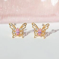 Pink Starry Butterfly Gold-plated Stud Earrings -Kawaii Store kawaiies plushies plush softtoy pink starry butterfly gold plated stud earrings earrings 853058