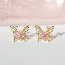 Pink Starry Butterfly Gold-plated Stud Earrings