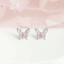Pink Starry Butterfly Gold-plated Stud Earrings -Kawaii Store kawaiies plushies plush softtoy pink starry butterfly gold plated stud earrings earrings silver 706125