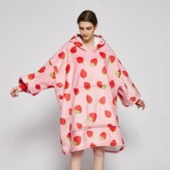Kawaii Store -Kawaii Store kawaiies plushies plush softtoy pink strawberries oversized thick blanket hoodie for adult children new apparel 671338