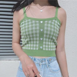 Apparel Plaid Checker Heart Button Knitted Women's Crop Top Sweater -Kawaii Store kawaiies plushies plush softtoy plaid checker heart button knitted womens crop top sweater new apparel 292947