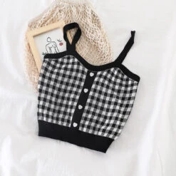 Apparel Plaid Checker Heart Button Knitted Women's Crop Top Sweater -Kawaii Store kawaiies plushies plush softtoy plaid checker heart button knitted womens crop top sweater new apparel 503017