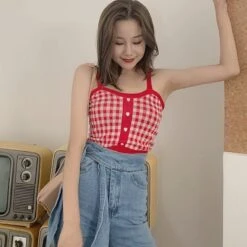 Apparel Plaid Checker Heart Button Knitted Women's Crop Top Sweater -Kawaii Store kawaiies plushies plush softtoy plaid checker heart button knitted womens crop top sweater new apparel 780326