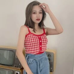 Apparel Plaid Checker Heart Button Knitted Women's Crop Top Sweater -Kawaii Store kawaiies plushies plush softtoy plaid checker heart button knitted womens crop top sweater new apparel 971149