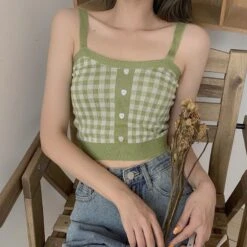 Apparel Plaid Checker Heart Button Knitted Women's Crop Top Sweater
