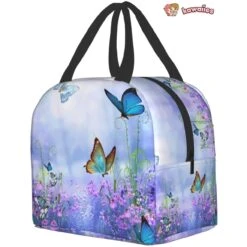 Purple Butterfly Flowers Insulated Lunch Bag -Kawaii Store kawaiies plushies plush softtoy purple butterfly flowers insulated lunch bag bag 447511