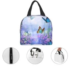 Purple Butterfly Flowers Insulated Lunch Bag -Kawaii Store kawaiies plushies plush softtoy purple butterfly flowers insulated lunch bag bag 589762