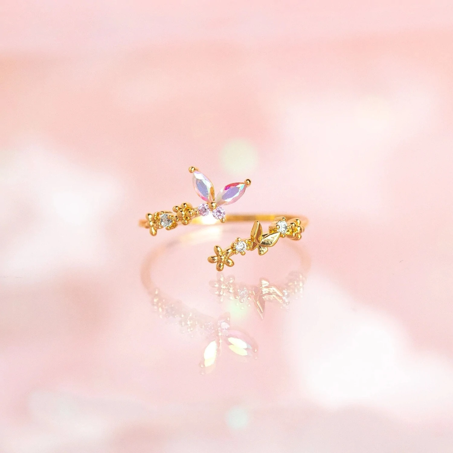 Rainbow Butterfly Floral Gold-plated Adjustable Ring 3 Rainbow Butterfly Floral Gold-plated Adjustable Ring