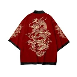 Apparel Red Black Golden Dragon Outlined Unisex Kimono