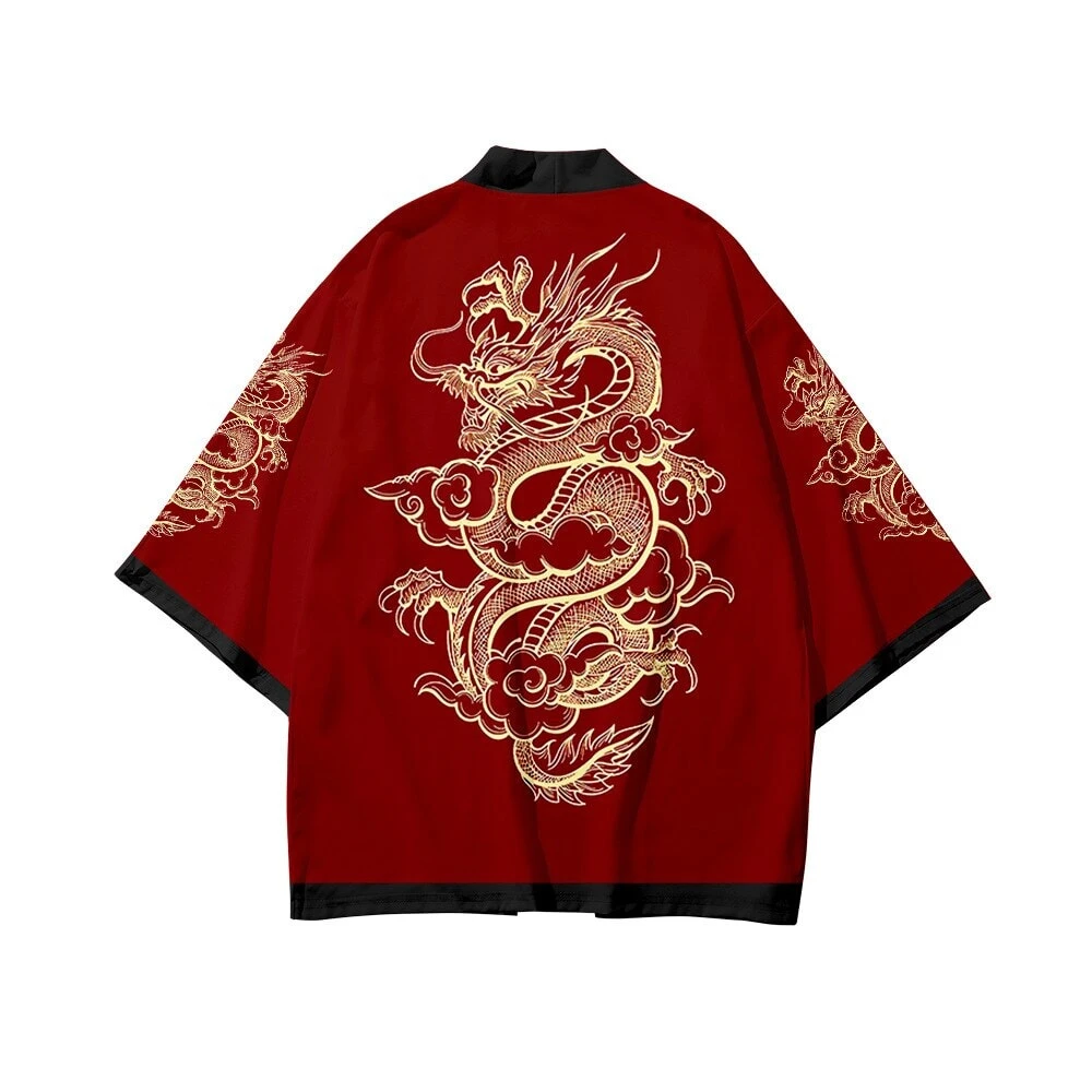 Apparel Red Black Golden Dragon Outlined Unisex Kimono 3 Apparel Red Black Golden Dragon Outlined Unisex Kimono