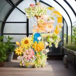 Romantic Waterfall Orchard Villa Micro Building Blocks With Light