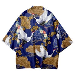 Apparel Royal Blue Gold Cranes Unisex Kimono -Kawaii Store kawaiies plushies plush softtoy royal blue gold cranes unisex kimono kimono 677087