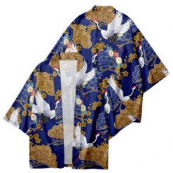 Apparel Royal Blue Gold Cranes Unisex Kimono -Kawaii Store kawaiies plushies plush softtoy royal blue gold cranes unisex kimono kimono s 327770