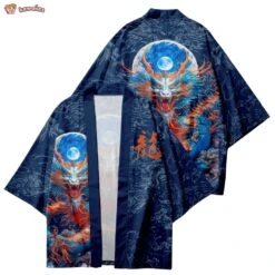 Apparel Royal Blue Powerful Dragon Moon Unisex Kimono -Kawaii Store kawaiies plushies plush softtoy royal blue powerful dragon moon unisex kimono kimono 314410