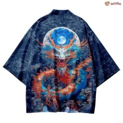 Apparel Royal Blue Powerful Dragon Moon Unisex Kimono -Kawaii Store kawaiies plushies plush softtoy royal blue powerful dragon moon unisex kimono kimono 390419