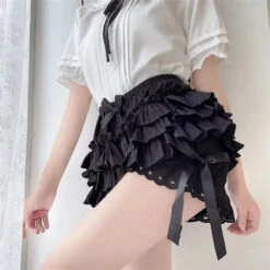 Apparel Ruffled Lolita Bloomers White Black Laced Women's Shorts -Kawaii Store kawaiies plushies plush softtoy ruffled lolita bloomers white black laced womens shorts apparel 217208