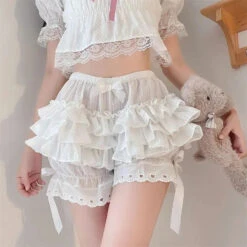 Apparel Ruffled Lolita Bloomers White Black Laced Women's Shorts -Kawaii Store kawaiies plushies plush softtoy ruffled lolita bloomers white black laced womens shorts apparel 739541