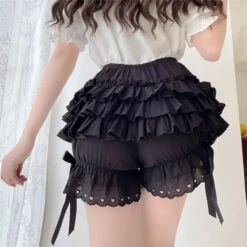 Apparel Ruffled Lolita Bloomers White Black Laced Women's Shorts -Kawaii Store kawaiies plushies plush softtoy ruffled lolita bloomers white black laced womens shorts apparel 932416