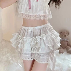 Apparel Ruffled Lolita Bloomers White Black Laced Women's Shorts -Kawaii Store kawaiies plushies plush softtoy ruffled lolita bloomers white black laced womens shorts apparel white l 452863