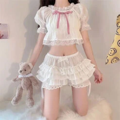 Apparel Ruffled Lolita Bloomers White Black Laced Women's Shorts -Kawaii Store kawaiies plushies plush softtoy ruffled lolita bloomers white black laced womens shorts apparel white m 218185