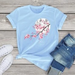 Apparel Sakura Cherry Blossom Full Moon Cotton Tee -Kawaii Store kawaiies plushies plush softtoy sakura cherry blossom full moon cotton tee apparel light blue xs 560623