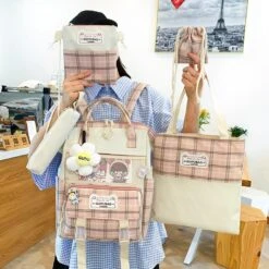 Apparel Set Of 5 Kawaii Plaid Backpack Bag Collection -Kawaii Store kawaiies plushies plush softtoy set of 5 kawaii plaid backpack bag collection bag 789519