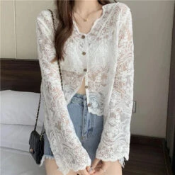 Apparel Sheer Long Sleeve Button Women's Cardigan -Kawaii Store kawaiies plushies plush softtoy sheer long sleeve button womens cardigan tops 210206