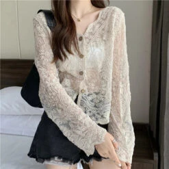 Apparel Sheer Long Sleeve Button Women's Cardigan -Kawaii Store kawaiies plushies plush softtoy sheer long sleeve button womens cardigan tops 330350
