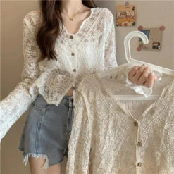 Apparel Sheer Long Sleeve Button Women's Cardigan -Kawaii Store kawaiies plushies plush softtoy sheer long sleeve button womens cardigan tops 419548