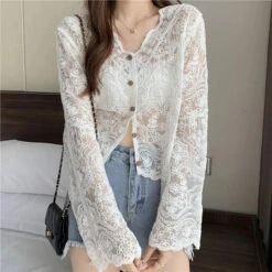 Apparel Sheer Long Sleeve Button Women's Cardigan -Kawaii Store kawaiies plushies plush softtoy sheer long sleeve button womens cardigan tops 447463
