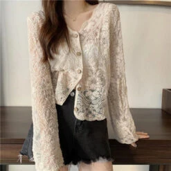 Apparel Sheer Long Sleeve Button Women's Cardigan -Kawaii Store kawaiies plushies plush softtoy sheer long sleeve button womens cardigan tops 548066