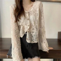Apparel Sheer Long Sleeve Button Women's Cardigan -Kawaii Store kawaiies plushies plush softtoy sheer long sleeve button womens cardigan tops 580100