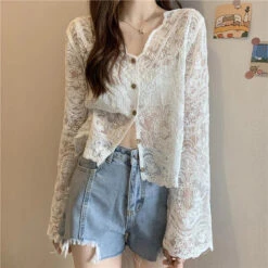 Apparel Sheer Long Sleeve Button Women's Cardigan -Kawaii Store kawaiies plushies plush softtoy sheer long sleeve button womens cardigan tops 672164