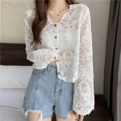 Apparel Sheer Long Sleeve Button Women's Cardigan -Kawaii Store kawaiies plushies plush softtoy sheer long sleeve button womens cardigan tops 947494