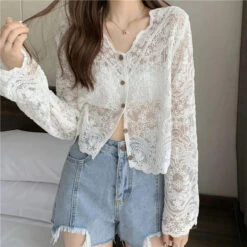 Apparel Sheer Long Sleeve Button Women's Cardigan -Kawaii Store kawaiies plushies plush softtoy sheer long sleeve button womens cardigan tops white s 515937