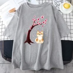 Apparel Shiba Inu Sakura Tree Unisex Cotton Tee -Kawaii Store kawaiies plushies plush softtoy shiba inu sakura tree unisex cotton tee apparel gray xs 325877