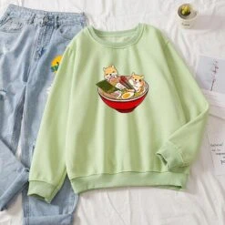 Apparel Shibas Bathing In Ramen Sweatshirt -Kawaii Store kawaiies plushies plush softtoy shibas bathing in ramen sweatshirt sweatshirt lime l 209097