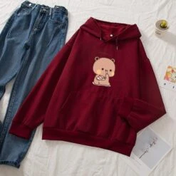 Apparel Snacking Teddy Bear Hoodies -Kawaii Store kawaiies plushies plush softtoy snacking teddy bear oversized hoodies hoodies red s 945030