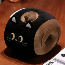 Soft Cat Swiss Roll Cake Handwarmer Plush With Blanket -Kawaii Store kawaiies plushies plush softtoy soft cat swiss roll cake handwarmer plush with blanket soft toy black no blanket 587775