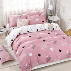 Cute Cat Print Bedding Set -Kawaii Store kawaiies plushies plush softtoy solstice home textile cyan cute cat kitty duvet cover pillow case bed sheet boy kid teen girl bedding linens set king queen twin 2 flat be 812534