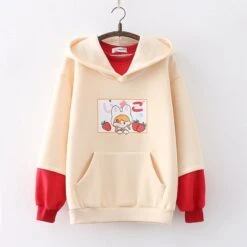Apparel Strawberry Mikki Bunny Fleece Hoodies -Kawaii Store kawaiies plushies plush softtoy strawberry mikki bunny fleece hoodies hoodies cream 624531