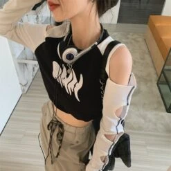 Apparel Stylish Hole Long Sleeves Flames Top -Kawaii Store kawaiies plushies plush softtoy stylish hole long sleeves flames top tops 640787