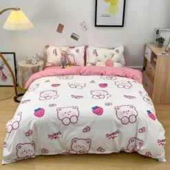 Sweet Strawberry And Cute Teddy Bedding Set