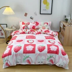 Sweet Strawberry And Cute Teddy Bedding Set -Kawaii Store kawaiies plushies plush softtoy sweet strawberry and cute teddy bedding set new bedding sets bunny single 956676
