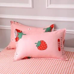 Sweet Strawberry Print Bedding Set 13 Sweet Strawberry Print Bedding Set -Kawaii Store kawaiies plushies plush softtoy sweet strawberry and peach print bedding set home decor 982144