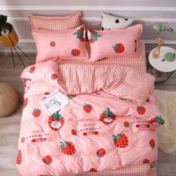 Sweet Strawberry Print Bedding Set 14 Sweet Strawberry Print Bedding Set -Kawaii Store kawaiies plushies plush softtoy sweet strawberry and peach print bedding set home decor strawberry single 444635