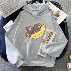 Apparel Two Baby Sloths Hugging Banana Unisex Hoodie -Kawaii Store kawaiies plushies plush softtoy two baby sloths hugging banana unisex hoodie apparel gray xs 649382