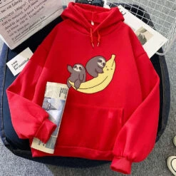 Apparel Two Baby Sloths Hugging Banana Unisex Hoodie -Kawaii Store kawaiies plushies plush softtoy two baby sloths hugging banana unisex hoodie apparel red xs 500128